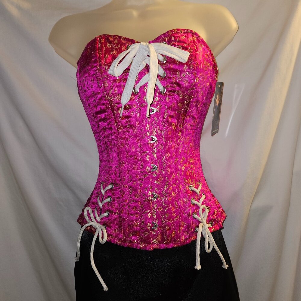 NEW XS PINK/GOLD BROCADE TIGHT LACING CORSET 22" BABYLON